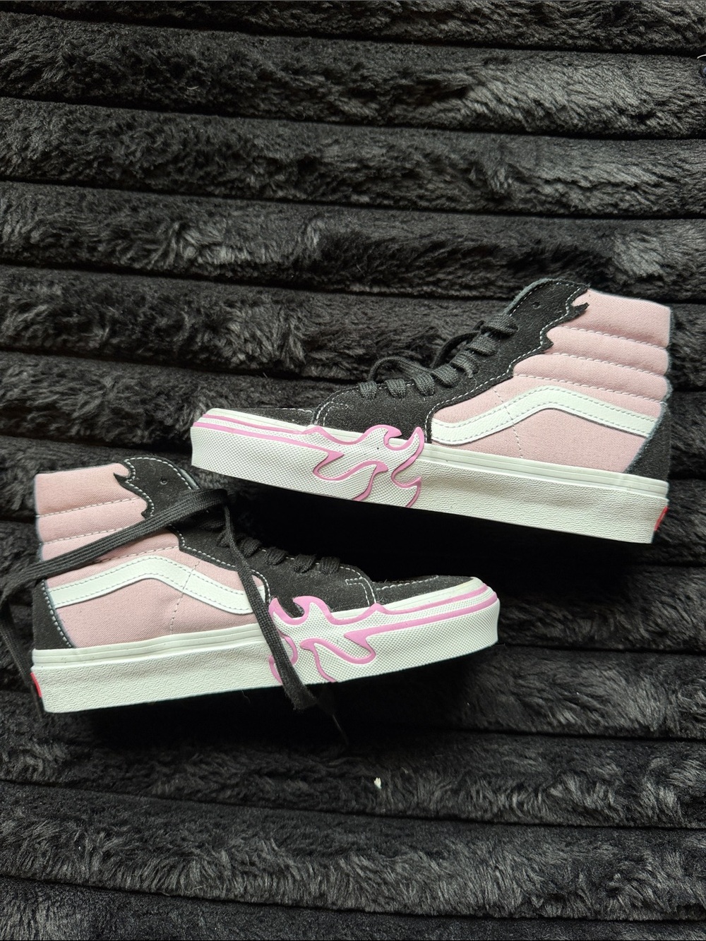 Vans Pink & Black High-Top Canvas Sneakers with Pink Flame Detail